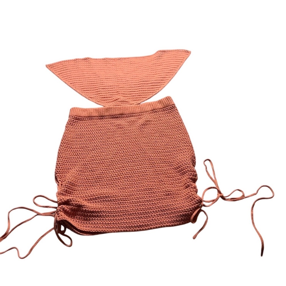 Crochet‎ Knit 2 Piece Skirt Set Burnt Orange Halter Ruched Women's Large